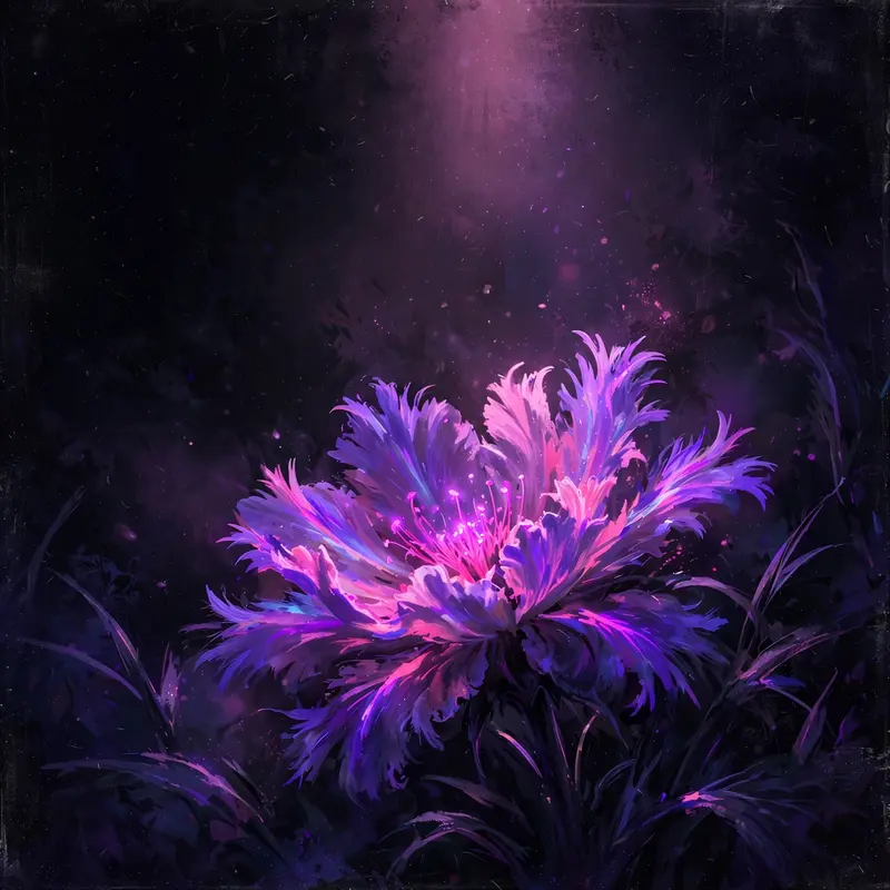 Square 1:1 album cover artwork: a UV-reactive flower blooming in darkness, electric purples and pinks, pure hyperpop energy. Painterly digital